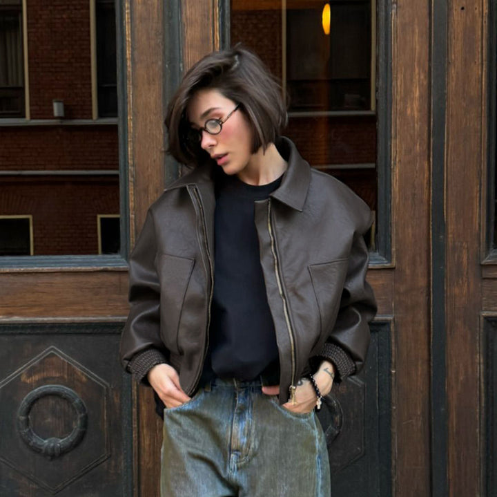 Trendy synthetic leather jacket for women in an oversized style with elastic belt Lune London