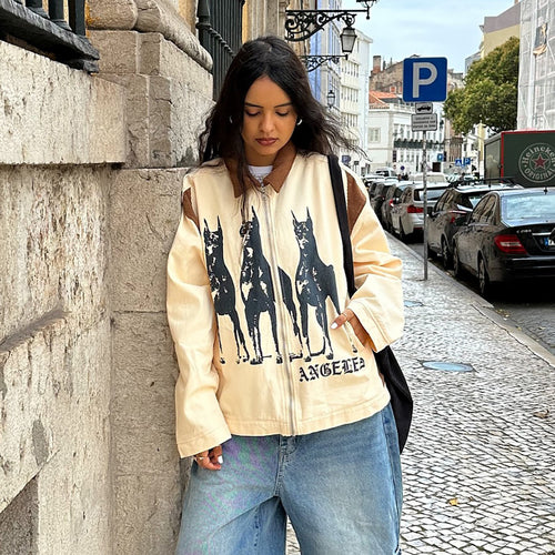 Streetwear jacket for women with a unique dog print and casual cuts Amarae