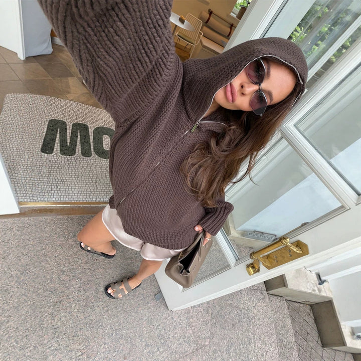 Women's chunky knit zip cardigan with high collar Amarae