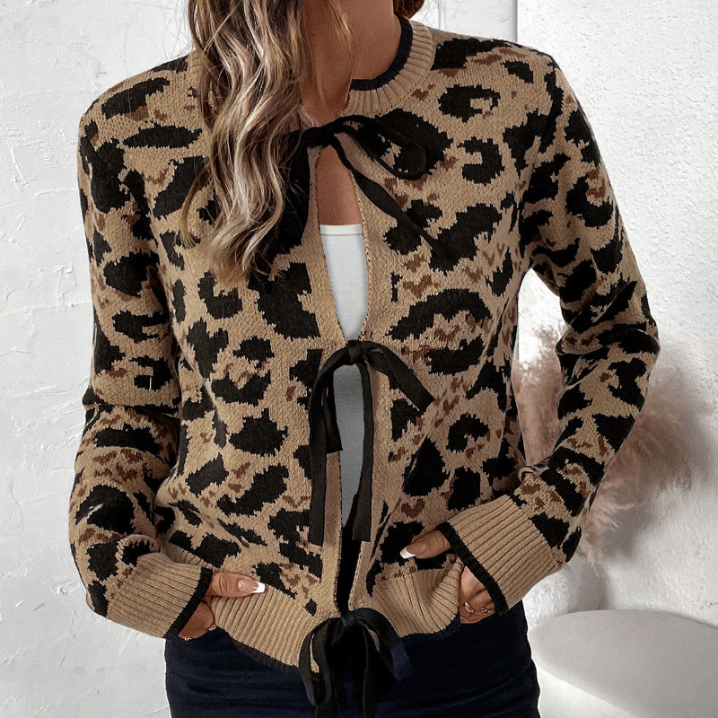 Fashionable knitted cardigan for women with bow detail and animal pattern Lune London