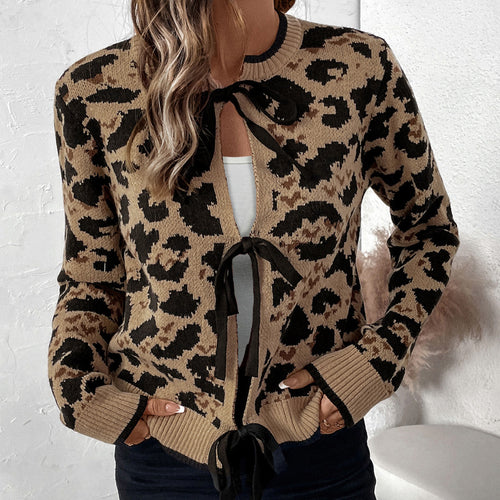 Fashionable knitted cardigan for women with bow detail and animal pattern Amarae
