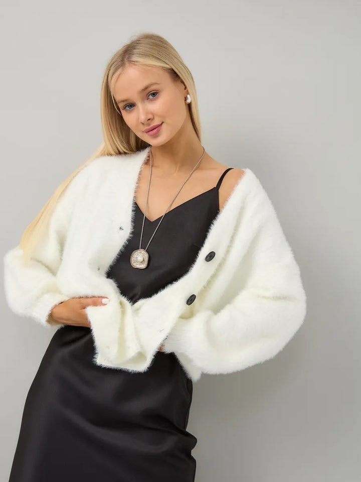 Women Plush Cardigan with Deep V Neckline and Button Details Lune London