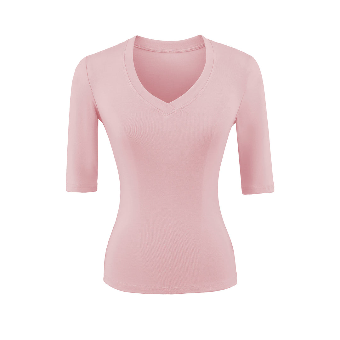 Women's Fitted V-Neck Three-Quarter Sleeve Fine Rib Top made of Stretch Jersey Amarae