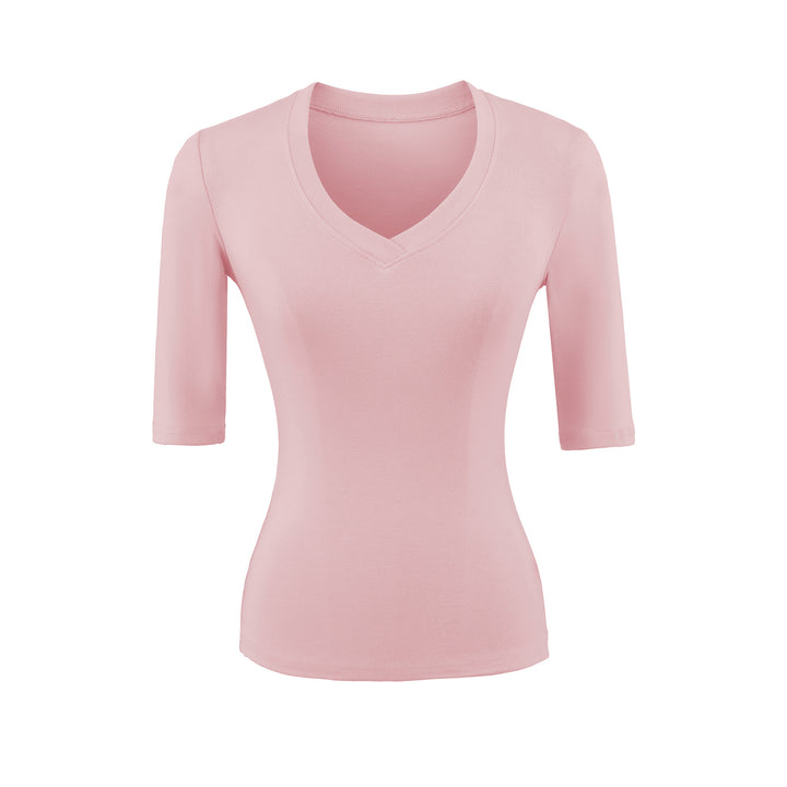 Women's Fitted V-Neck Three-Quarter Sleeve Fine Rib Top made of Stretch Jersey Amarae