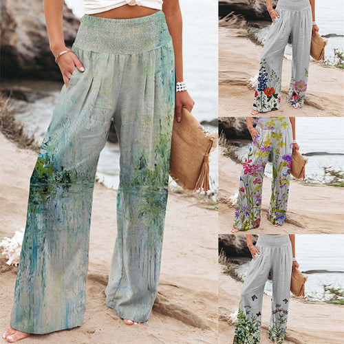Summer wide trousers for women with a floral design and an elastic waistband Amarae