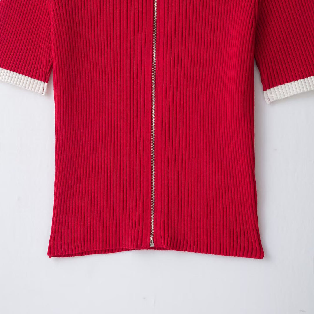 Women Ribbed Short Sleeve Polo Cardigan with Full Zip Amarae