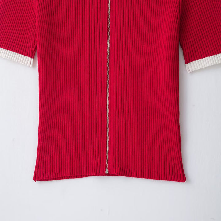 Women Ribbed Short Sleeve Polo Cardigan with Full Zip Amarae