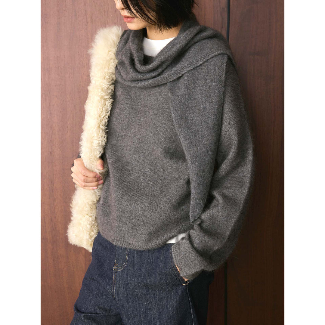 Ladies Soft Fine Knit Sweater with Voluminous Loop Collar and Boxy Silhouette Amarae