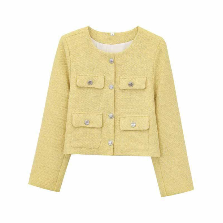Fashionable tweed jacket for women with golden buttons and practical pockets Lune London