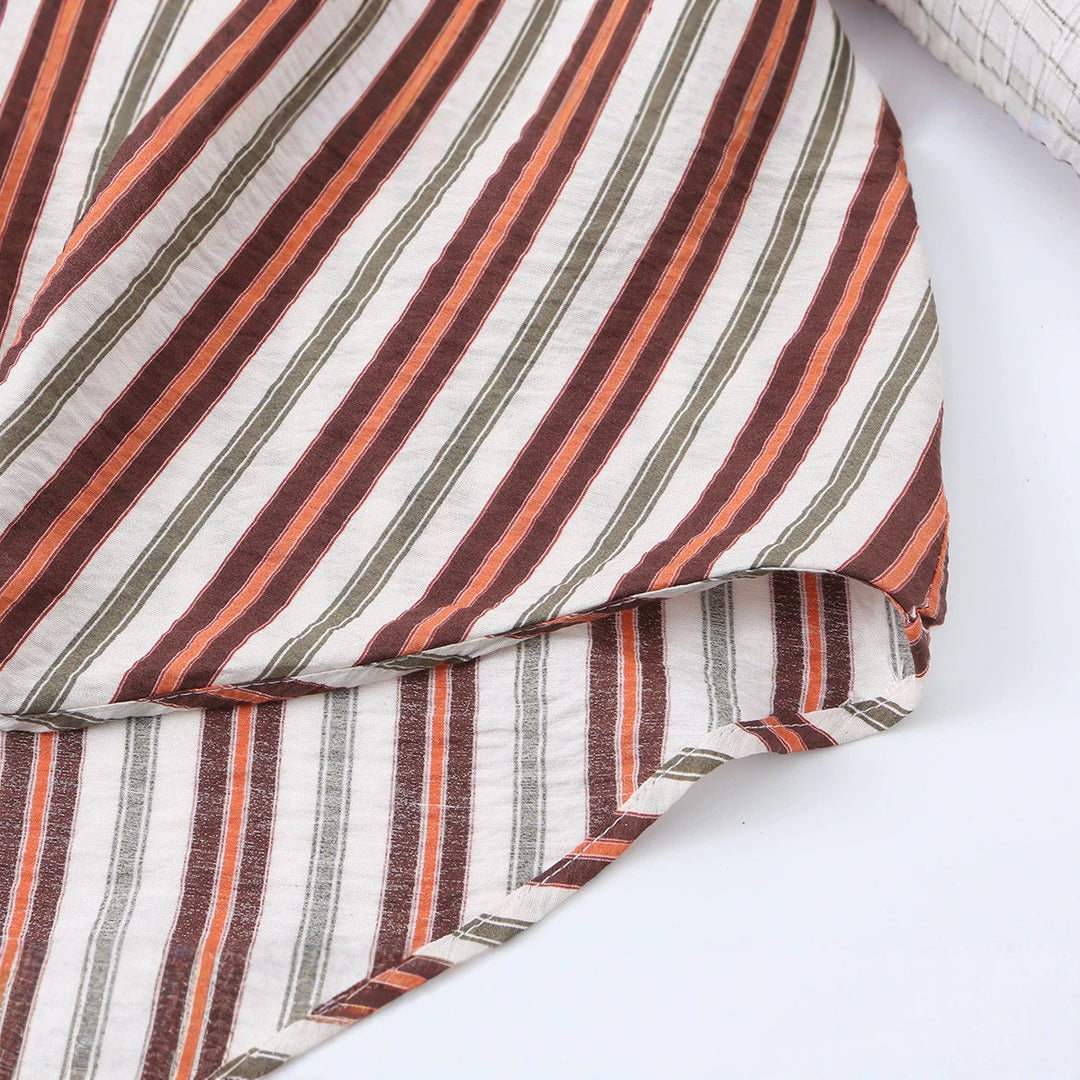 Women's loosely cut wrap blouse with shirt collar, three-quarter sleeves, and stripe pattern Amarae