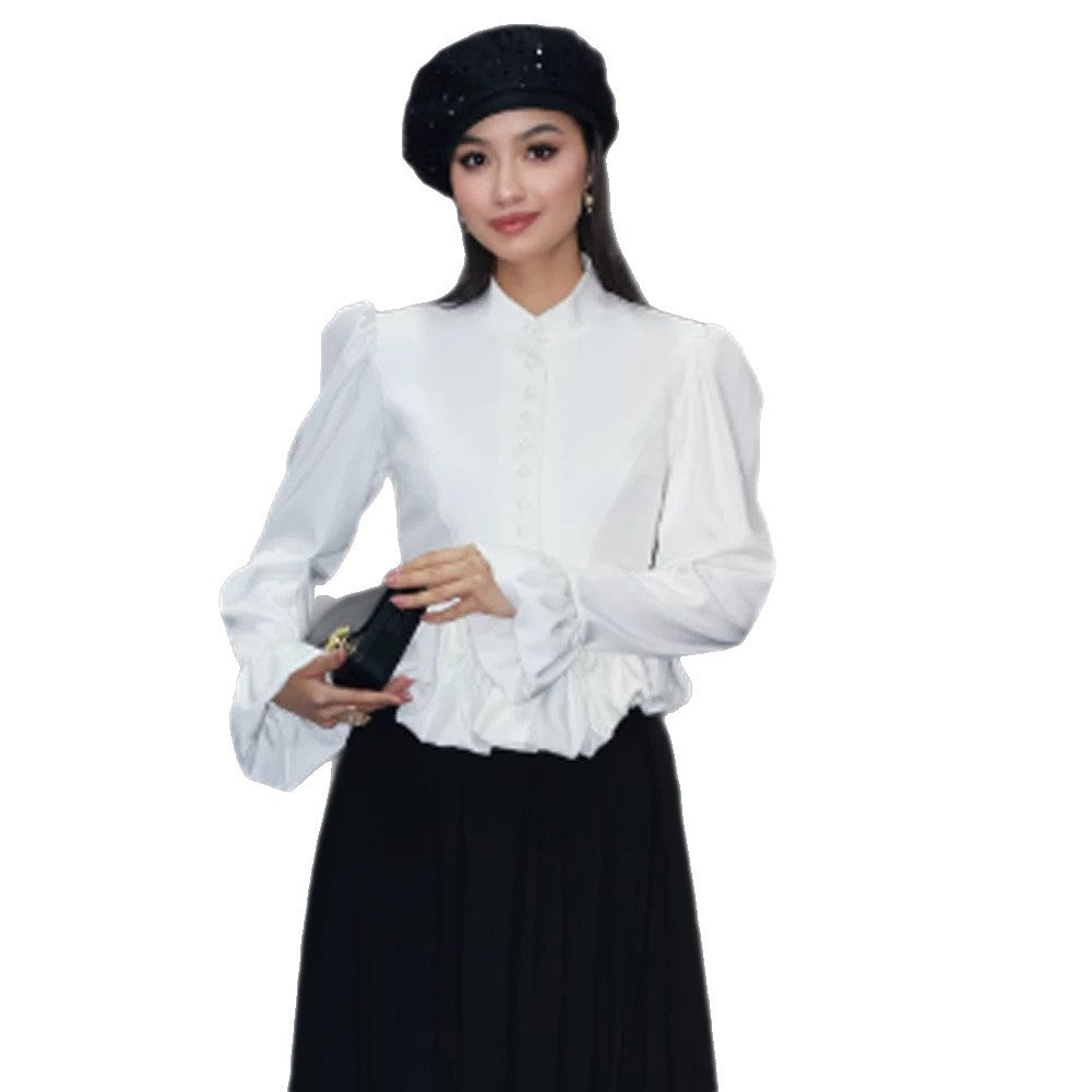 Ladies tailored peplum blouse with stand-up collar, covered button placket and puff sleeves Amarae