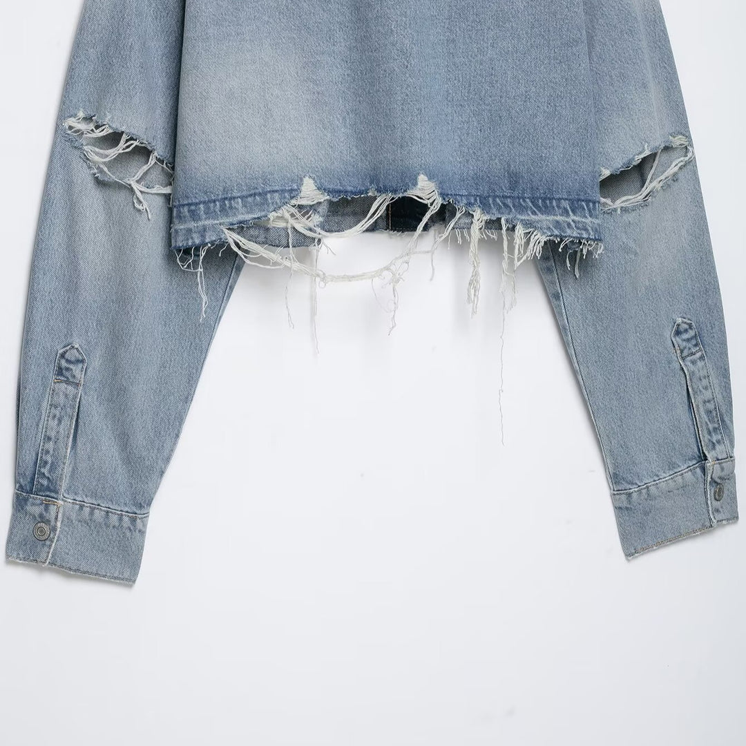 Women's Cropped Denim Jacket in Used-Look with Frayed Hem and Oversized Sleeves Amarae