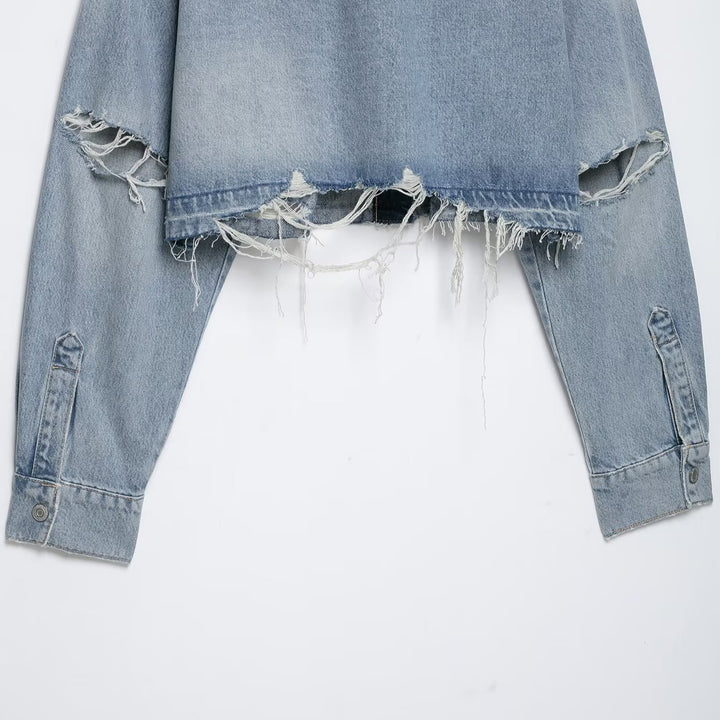Women's Cropped Denim Jacket in Used-Look with Frayed Hem and Oversized Sleeves Amarae
