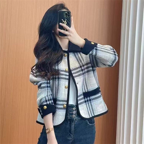 Plaid blazer jacket for women with removable pockets and button details Amarae