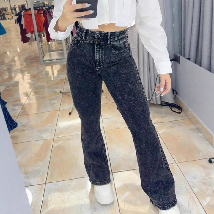 Ladies high-waisted faded flared jeans with double button waistband and shaping stretch cut Amarae