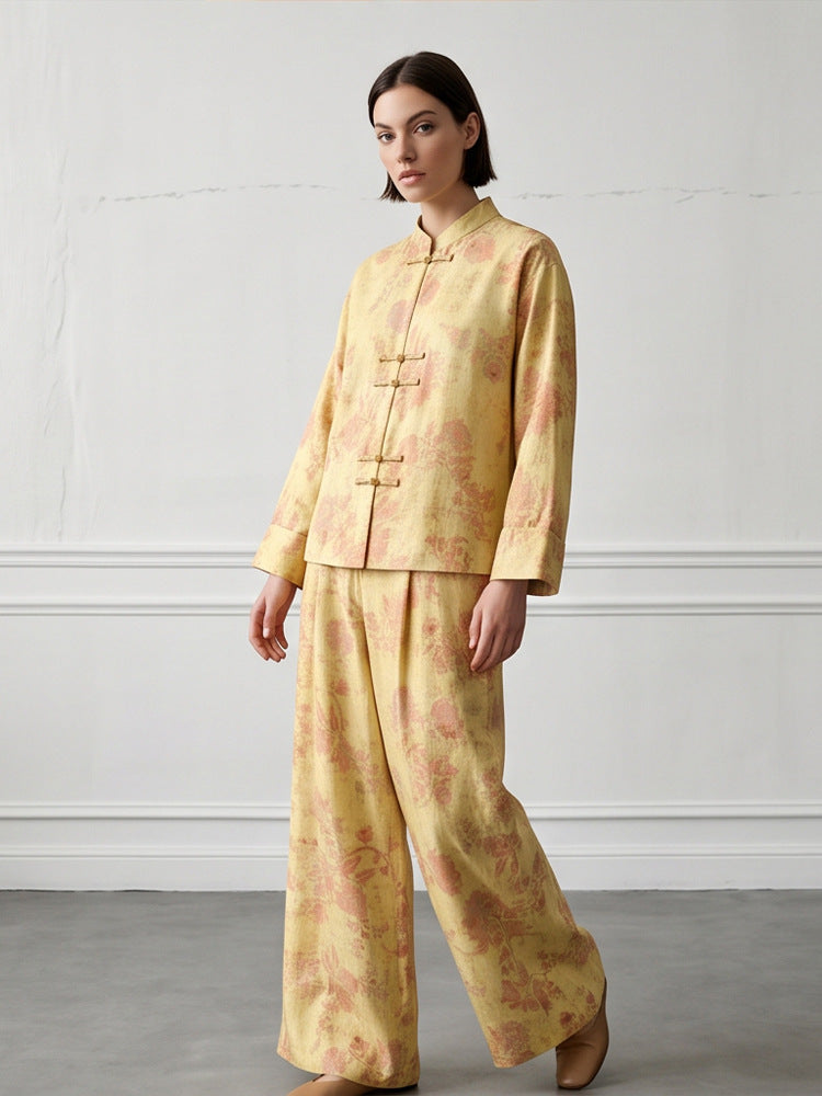 Womens Two-Piece Jacquard Set with Mandarin Collar and Wide Cut Trousers Amarae