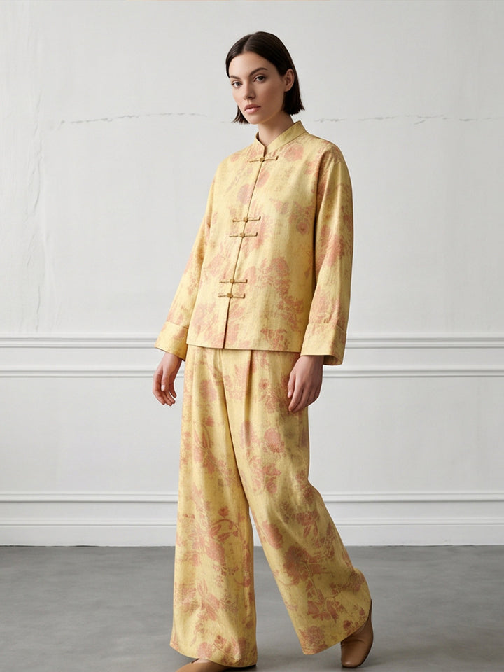 Womens Two-Piece Jacquard Set with Mandarin Collar and Wide Cut Trousers Amarae
