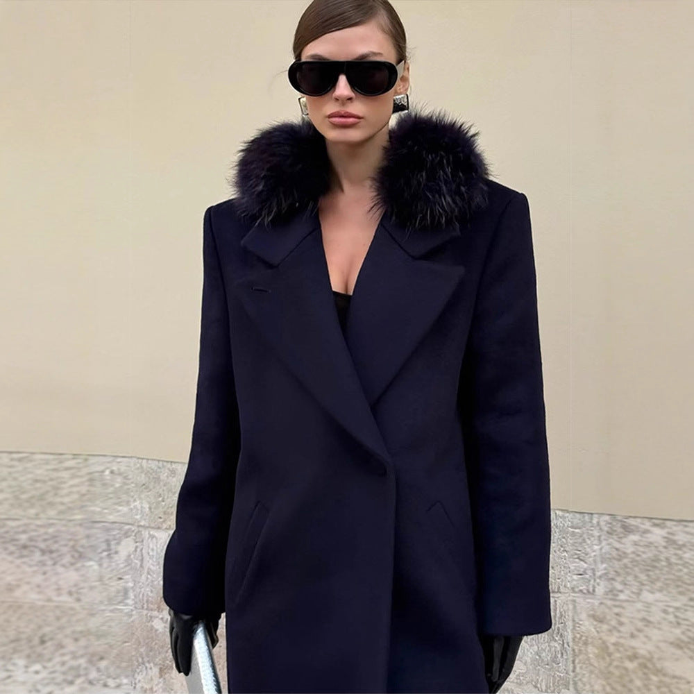Women's long wool blend coat with generous faux fur shawl collar and oversized cut Amarae