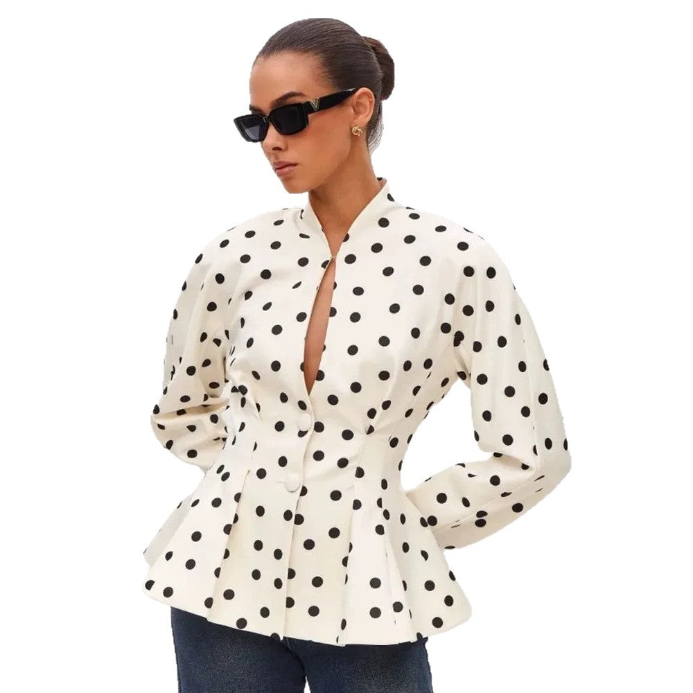 Women's Polka Dot Fitted Peplum Blouse with Stand-up Collar and Concealed Button Placket Amarae