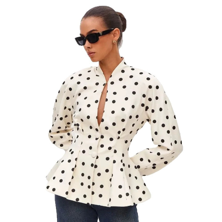 Women's Polka Dot Fitted Peplum Blouse with Stand-up Collar and Concealed Button Placket Amarae