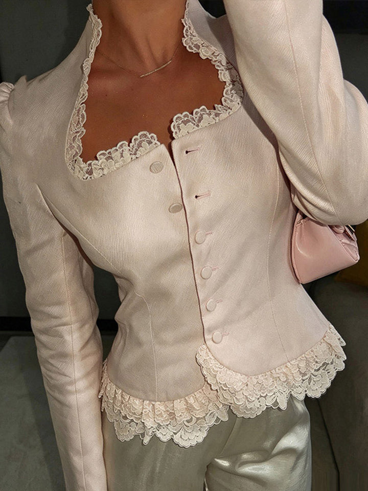 Women Tailored Blazer with Lace Trim, Buttonless and Peplum Amarae