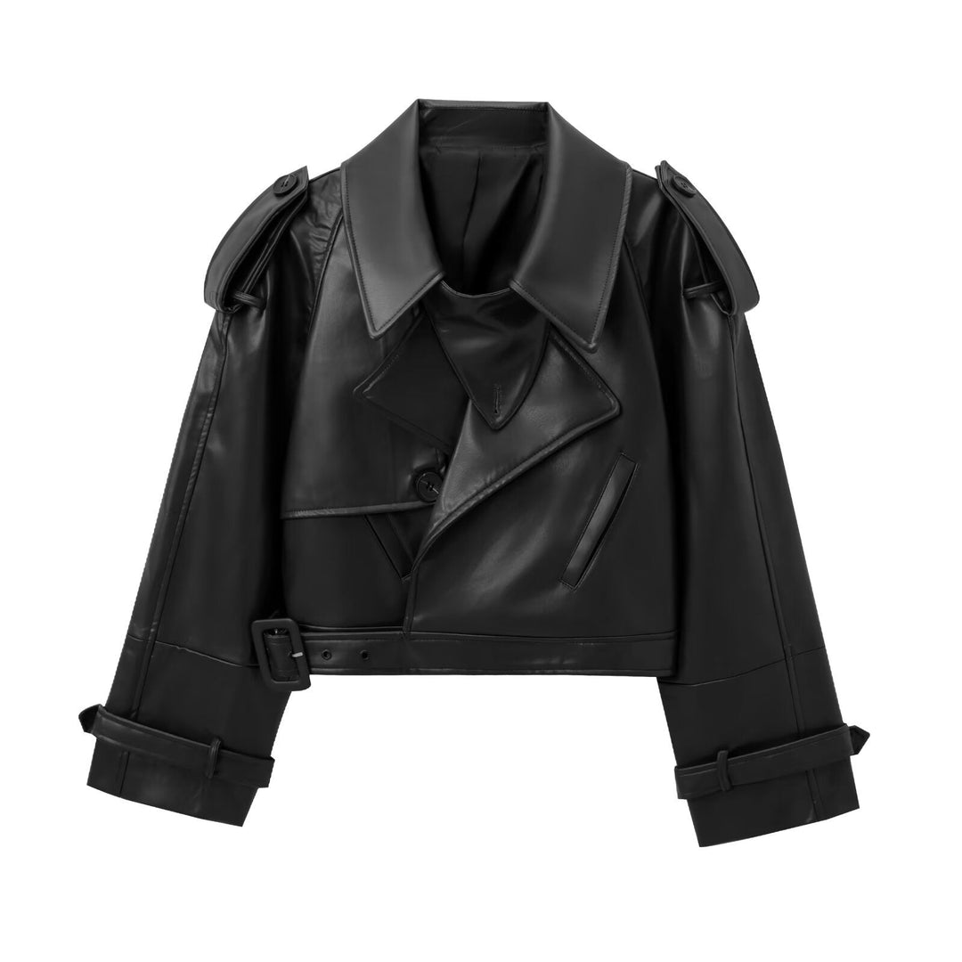 Women's Cropped Leather Motorcycle Jacket with Asymmetric Lapel Amarae