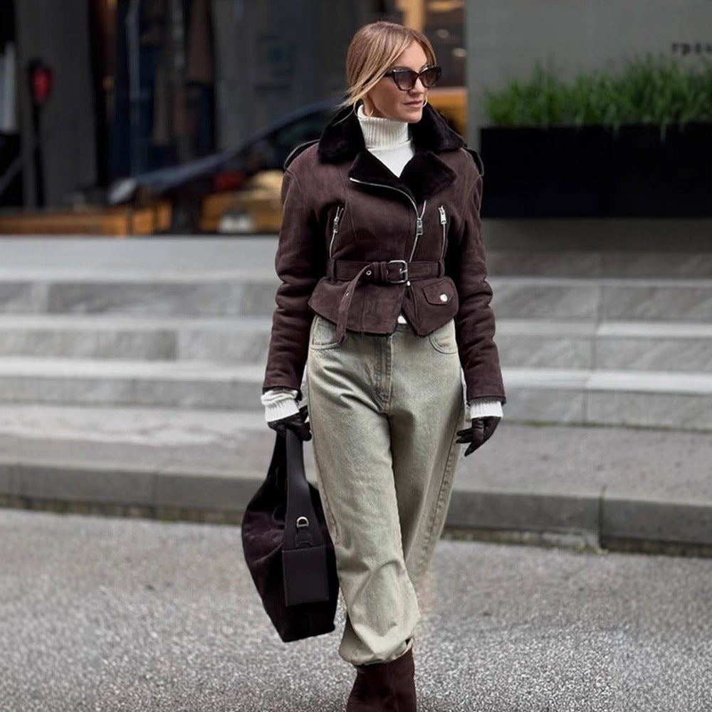 Women's short jacket in biker style made of faux suede with teddy lining and belted waist Amarae