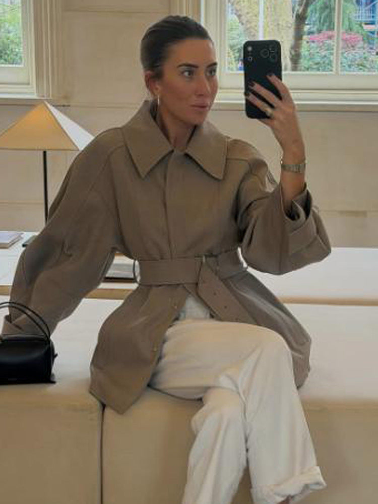 Women's Short Trench Coat with Waist Belt, Dropped Shoulder and Voluminous Balloon Sleeves Amarae