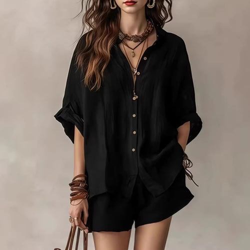 Women Casual Linen Set with Button Placket and Practical Pockets Amarae