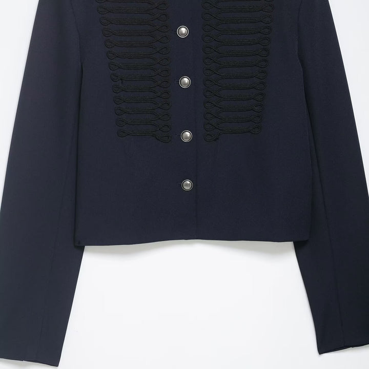 Women Short Military-Inspired Wool Blend Blazer with Stand-Up Collar and Decorative Cord Detail Amarae