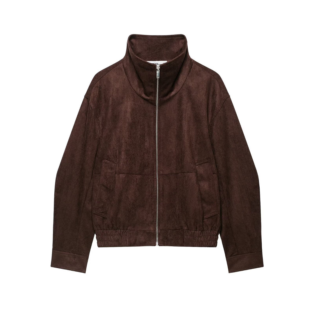 Women's suede look bomber jacket with funnel neck and elastic hem