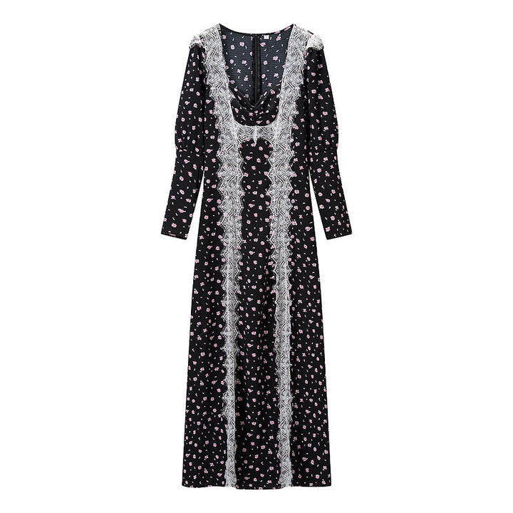 Women's maxi dress in boho style with vertical lace panels and loose U-neckline Amarae