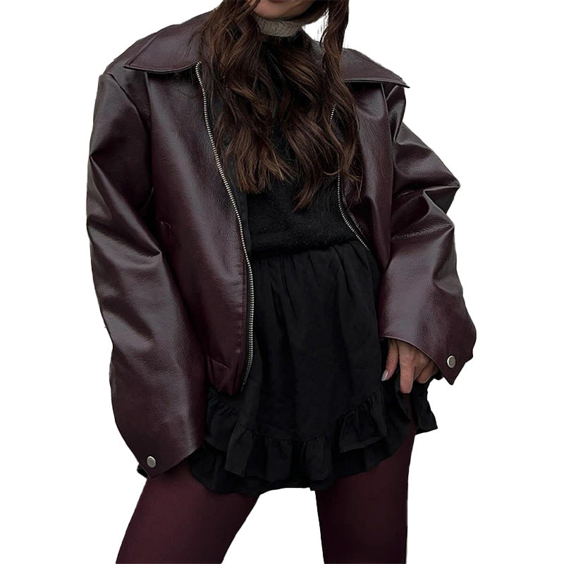 Women Modern Synthetic Leather Jacket with Oversized Fit and Classic Details Lune London