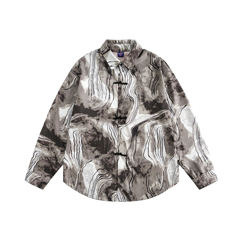 Unisex Boxy Overshirt Jacket with Marble Print and Traditional Toggle Closure Look Amarae