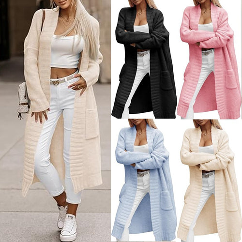 Long women's knitted coat with deep pockets and open cut Amarae