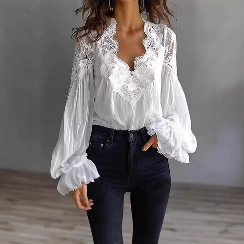 Women's Flowing Blouse with Lace Applications and Long Ruffle Sleeves Amarae