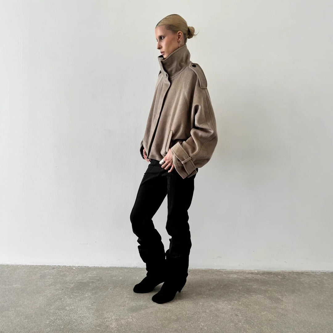 Women's short jacket made of wool blend with high stand-up collar, balloon sleeves and shoulder flaps Amarae