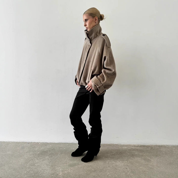 Women's short jacket made of wool blend with high stand-up collar, balloon sleeves and shoulder flaps Amarae