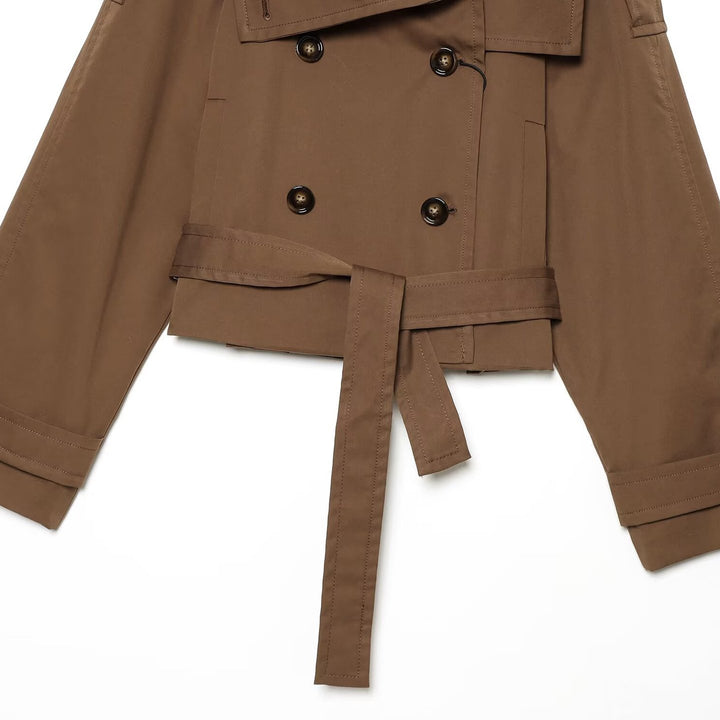Women's Short Trench Coat in Cropped Cut with Double-Breasted Button Placket and Waist Belt Amarae