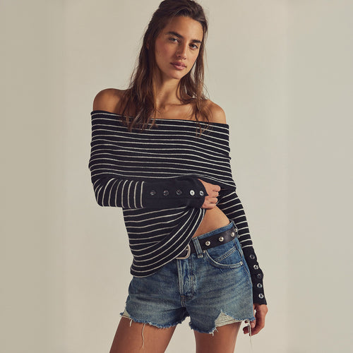Off-the-shoulder sweater for women with a modern striped pattern and chic button details