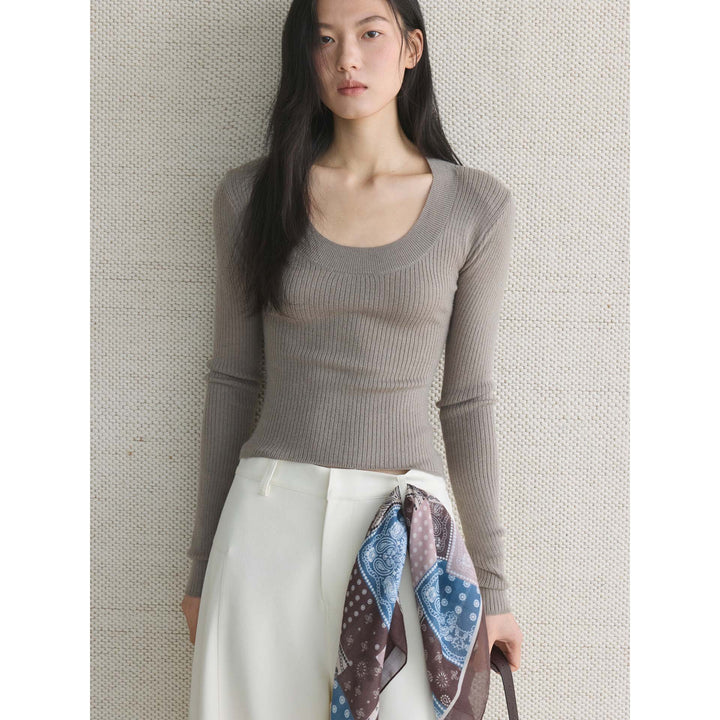 Women Slim-Fit Ribbed Long Sleeve with Wide U-Neck