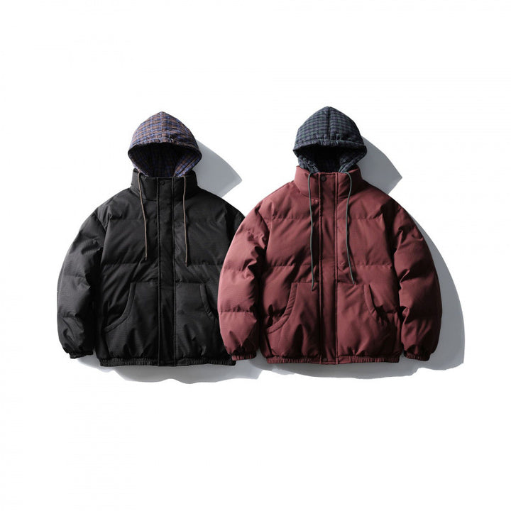 Unisex Padded Puffer Jacket in Boxy Cut with Checkered Insert Hood and High Stand-Up Collar Amarae