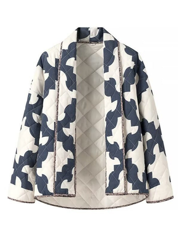 Quilted jacket for ladies with modern geometric pattern and open cut Lune London