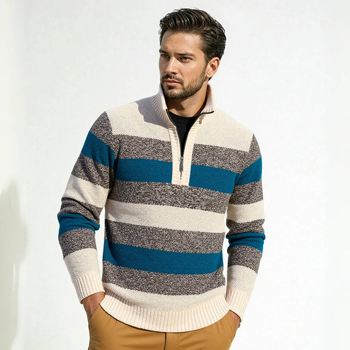 Modern knitted sweater for men with half zipper and block stripes Lune London