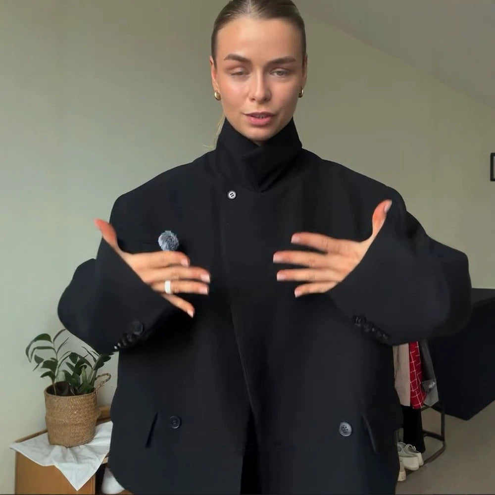 Women Asymmetric Cropped Boxy Jacket with High Stand Collar and Structured Shoulder Area Amarae