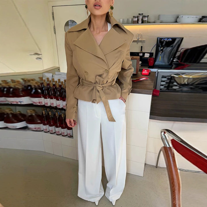 Women Tailored Trench Set with Peplum, Tied Belt & Pencil Skirt Amarae