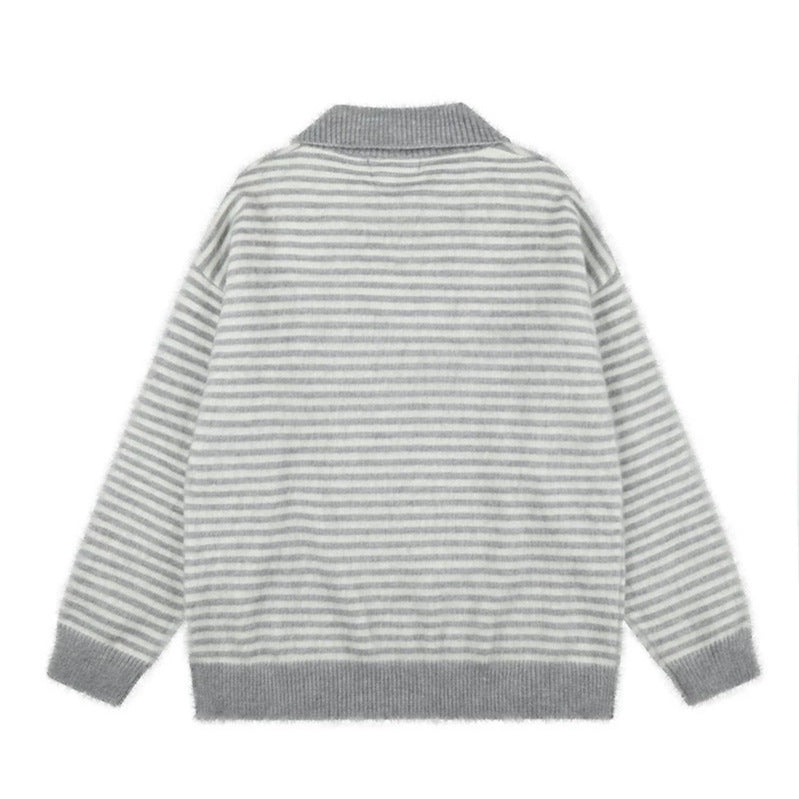 Women's Fluffy Knit Polo with Stripes, Contrasting Collar and Button Placket Amarae