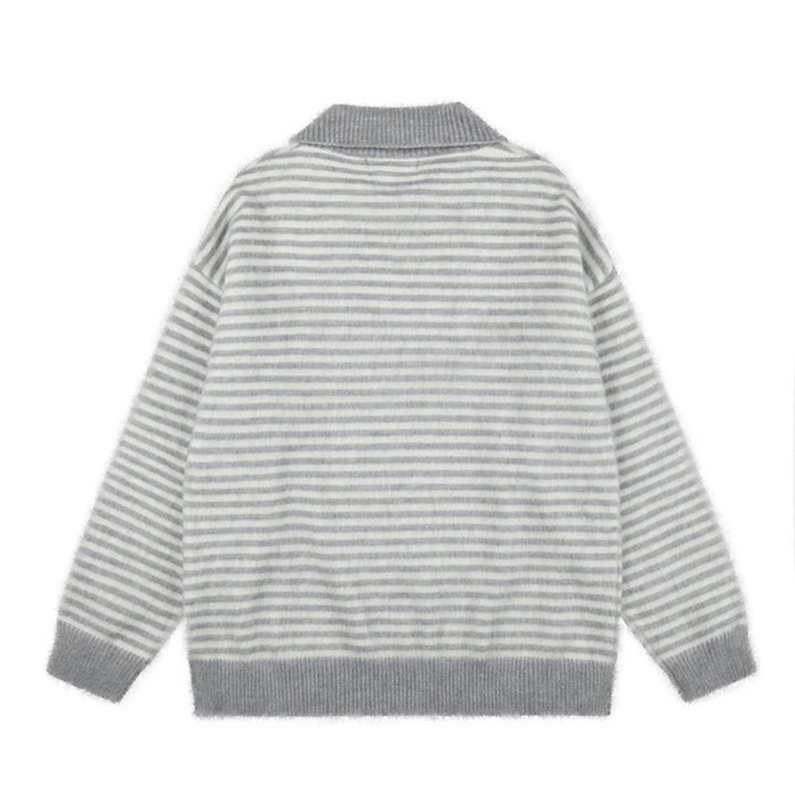 Women's Fluffy Knit Polo with Stripes, Contrasting Collar and Button Placket Amarae