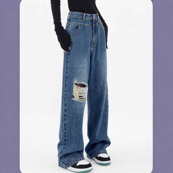 Women high-waisted oversized baggy jeans with knee rip and wide leg Amarae