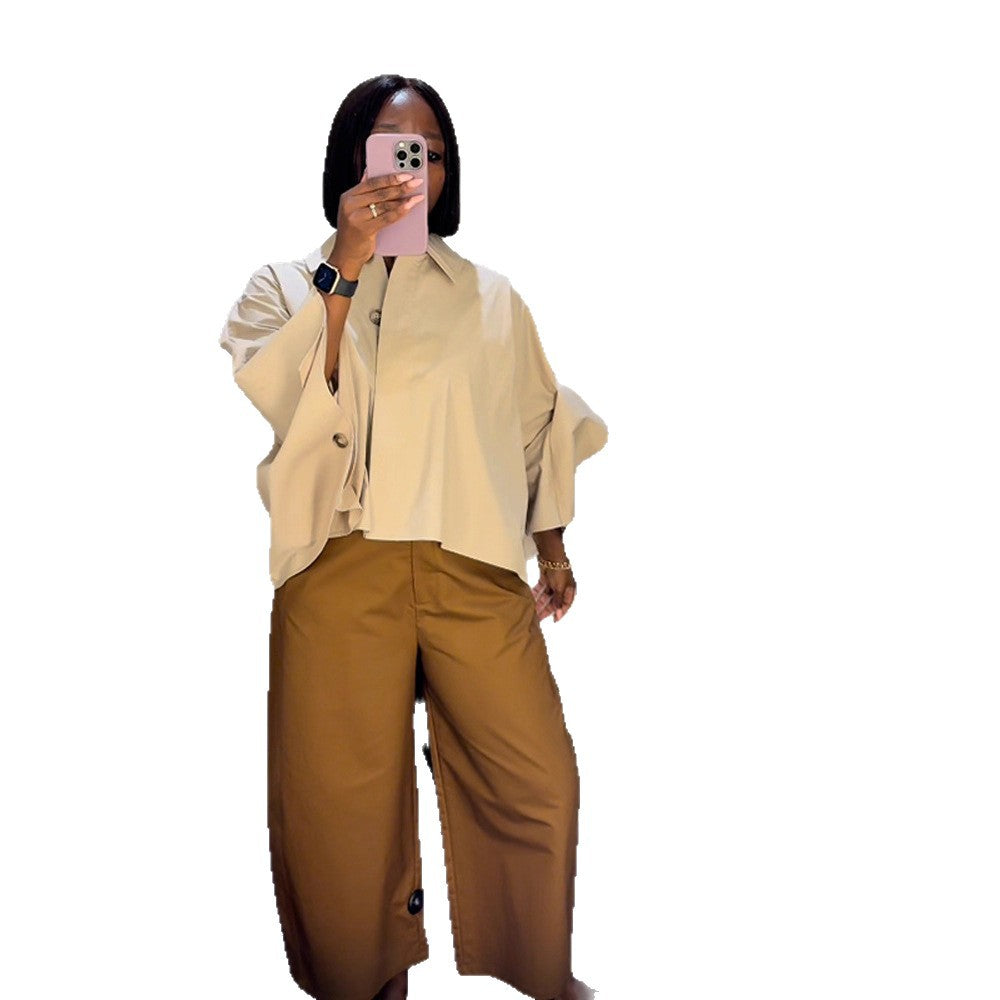 Women's Boxy Cropped Shirt Blouse with Wide Batwing Sleeve and Fine Tuck Amarae